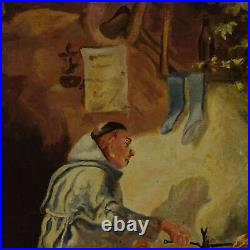 Ca. 1950 old oil painting Hermit sitting by the fire 18,9 x 15 in