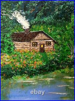 Cabin by Lake Country Landscape Painting Original Art on Canvas Artist Signed