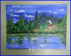 Cabin by Lake Country Landscape Painting Original Art on Canvas Artist Signed