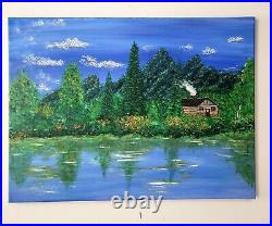 Cabin by Lake Country Landscape Painting Original Art on Canvas Artist Signed