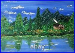 Cabin by Lake Country Landscape Painting Original Art on Canvas Artist Signed