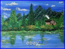 Cabin by Lake Country Landscape Painting Original Art on Canvas Artist Signed