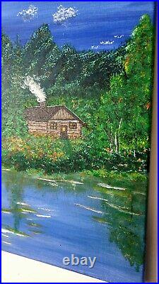 Cabin by Lake, Country Landscape Painting Original Art on canvas. Artist signed