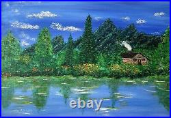 Cabin by Lake, Country Landscape Painting Original Art on canvas. Artist signed