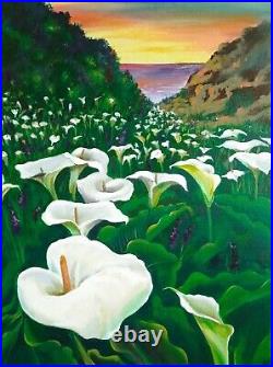 Calla, ORIGINAL Acrylic Painting on canvas, Field of White Flowers 15.75/11.81 in