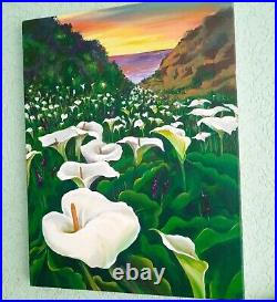 Calla, ORIGINAL Acrylic Painting on canvas, Field of White Flowers 15.75/11.81 in