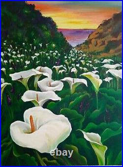 Calla, ORIGINAL Acrylic Painting on canvas, Field of White Flowers 15.75/11.81 in