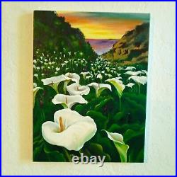 Calla, ORIGINAL Acrylic Painting on canvas, Field of White Flowers 15.75/11.81 in