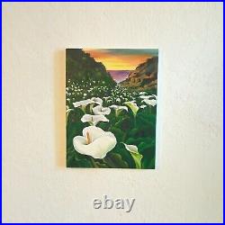 Calla, ORIGINAL Acrylic Painting on canvas, Field of White Flowers 15.75/11.81 in