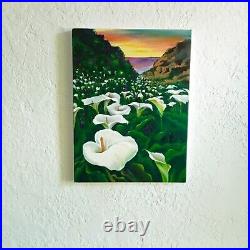 Calla, ORIGINAL Acrylic Painting on canvas, Field of White Flowers 15.75/11.81 in