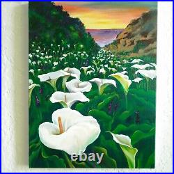 Calla, ORIGINAL Acrylic Painting on canvas, Field of White Flowers 15.75/11.81 in