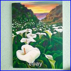 Calla, ORIGINAL Acrylic Painting on canvas, Field of White Flowers 15.75/11.81 in