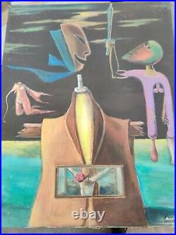 Canada Quebec Surrealism Original Painting on Canvas Signed Vintage 70s Erotic