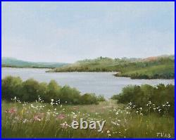 Country Landscape Oil Painting Original Art On Canvas Wild Meadow River Flowers