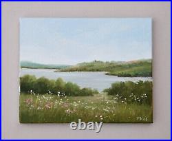 Country Landscape Oil Painting Original Art On Canvas Wild Meadow River Flowers