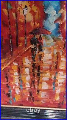 Couple Under Umbrella oil painting, textured, Walking in the rain, unstreched