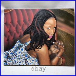 Custom ebony black girl posing on seat portrait acrylic painting art 16x20