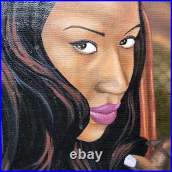 Custom ebony black girl posing on seat portrait acrylic painting art 16x20