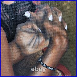 Custom ebony black girl posing on seat portrait acrylic painting art 16x20
