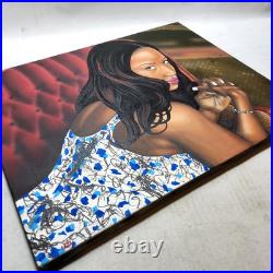 Custom ebony black girl posing on seat portrait acrylic painting art 16x20