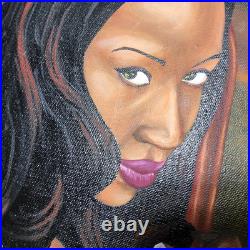 Custom ebony black girl posing on seat portrait acrylic painting art 16x20