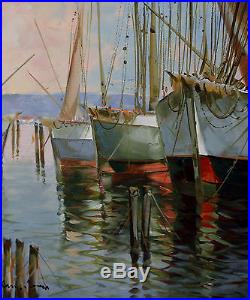 D'ALESSANDRO ORIGINAL OIL PAINTING ON CANVAS SIGNED WithCOA BOATS IN HARBOR 24X20