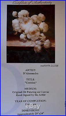 D'ALESSANDRO ORIGINAL OIL PAINTING ON CANVAS SIGNED WithCOA WHITE FLORAL 20X24