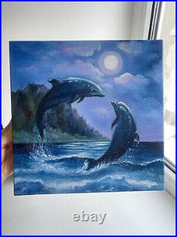 Dolphins Oil painting Sea Animals Original Art on canvas Couple dolphins Art