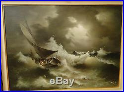 EUGENE GARIN Original Painting Large Oil On Canvas Signed Seascape Artwork Waves