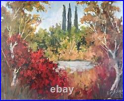 EVA SZORC Landscape Painting Original Oil On Canvas Fall Pond 20 x 16