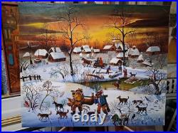 Edith Simon Vintage Oil Painting, Winter Village Hunting Scene