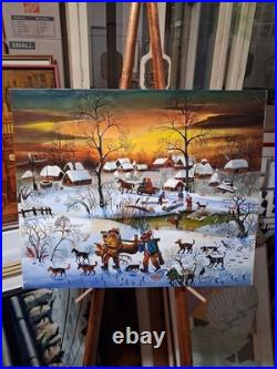 Edith Simon Vintage Oil Painting, Winter Village Hunting Scene