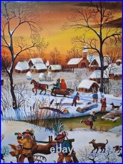 Edith Simon Vintage Oil Painting, Winter Village Hunting Scene