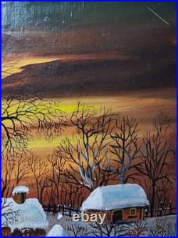 Edith Simon Vintage Oil Painting, Winter Village Hunting Scene