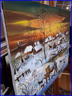 Edith Simon Vintage Oil Painting, Winter Village Hunting Scene
