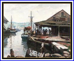 Emile A Gruppe Original Oil Painting On Canvas Signed Gloucester Harbor Pier Art