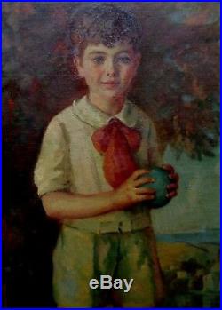 Estate Found Signed Antique Boy w. Ball Portrait Original Oil Painting on canvas