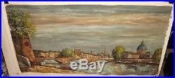 European Bridge Street Scene Huge Vintage Original Oil On Canvas Painting Signed