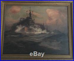 FANTASTIC! Original WW1 Era HMS Canada at the Battle of Jutland Oil on Canvas