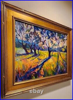 Fauvism Landscape Original Oil Painting Sunset Trees in Gold Leaf Frame