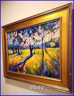 Fauvism Landscape Original Oil Painting Sunset Trees in Gold Leaf Frame