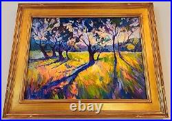 Fauvism Landscape Original Oil Painting Sunset Trees in Gold Leaf Frame