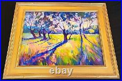 Fauvism Landscape Original Oil Painting Sunset Trees in Gold Leaf Frame