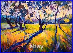 Fauvism Landscape Original Oil Painting Sunset Trees in Gold Leaf Frame