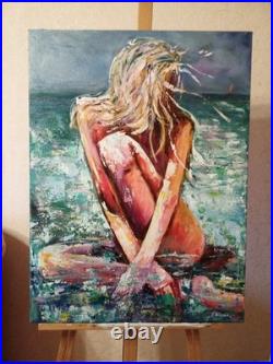 Female figure by ocean Beach scene Original textured painting 24x32