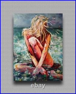 Female figure by ocean Beach scene Original textured painting 24x32