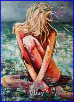 Female figure by ocean Beach scene Original textured painting 24x32
