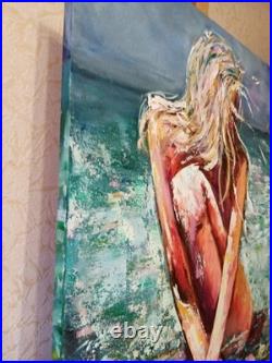 Female figure by ocean Beach scene Original textured painting 24x32