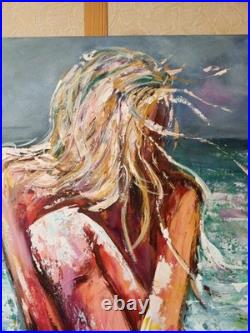 Female figure by ocean Beach scene Original textured painting 24x32