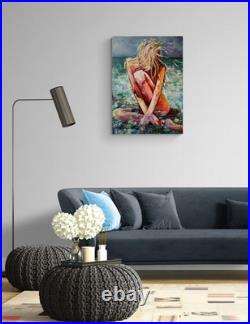 Female figure by ocean Beach scene Original textured painting 24x32
